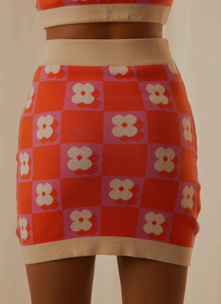 Flower Market Knit Mini Skirt - Orange Mod Floral - Peppermayo